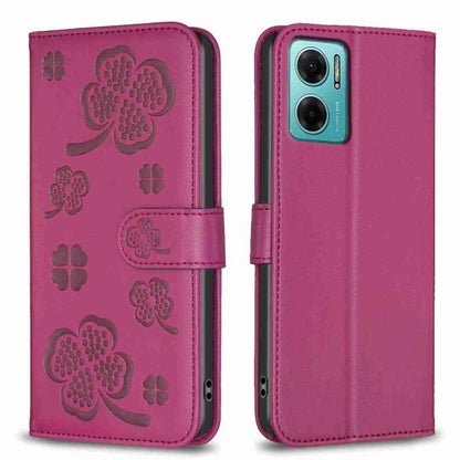 Embossed leather phone case with clover pattern and side flip strap, rose red