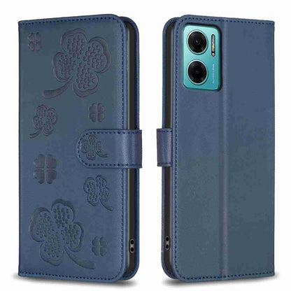 Embossed leather phone case with clover pattern and side flip strap, blue