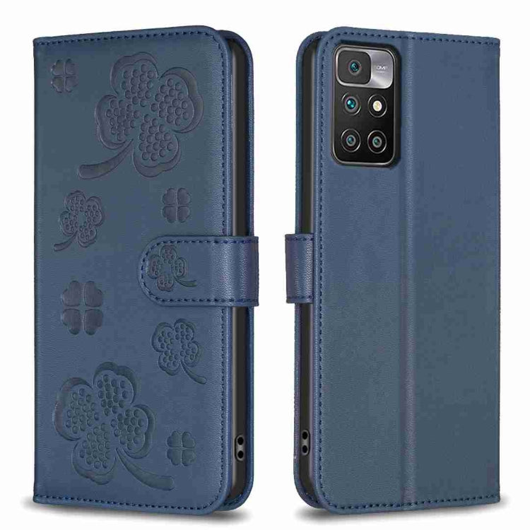 Denim blue embossed leather phone case with four-leaf clover pattern and flip strap