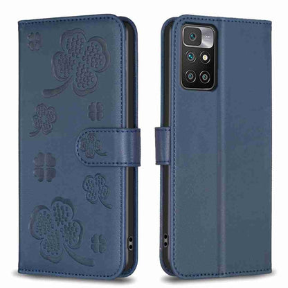 Denim blue embossed leather phone case with four-leaf clover pattern and flip strap