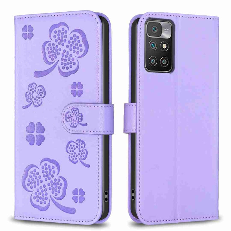 Lavender embossed leather phone case with four-leaf clover pattern and camera cutout