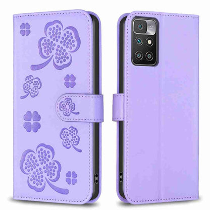 Lavender embossed leather phone case with four-leaf clover pattern and camera cutout