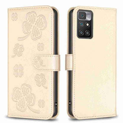 Light gold embossed leather phone case with four-leaf clover pattern and camera cutout