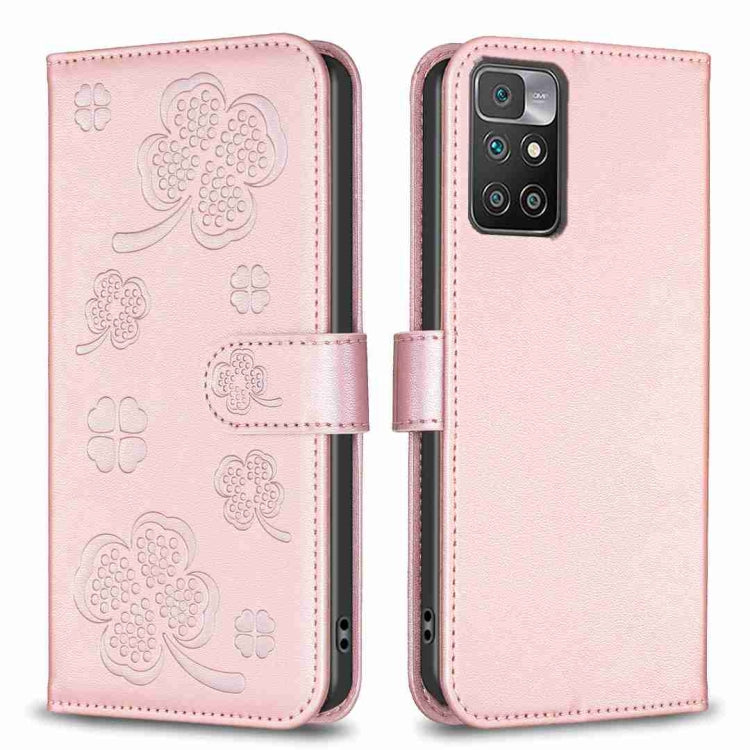 Rose pink embossed leather phone case with four-leaf clover pattern and camera cutout