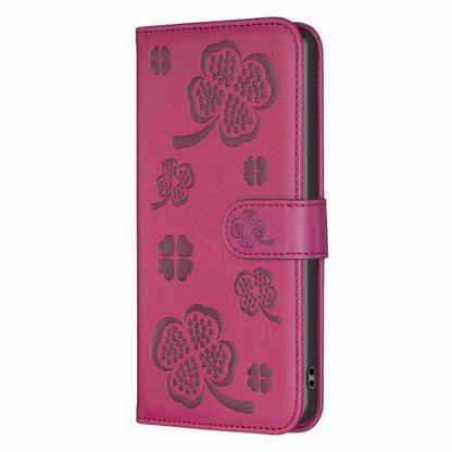 Four-leaf embossed leather phone case, magenta folio flip with four-leaf pattern