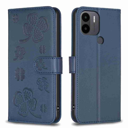 Four-leaf embossed leather phone case, blue folio flip with decorative four-leaf motifs