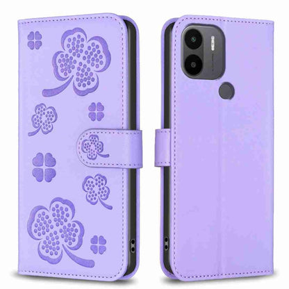 Lavender four-leaf embossed leather phone case with flip cover and side strap, camera cutout