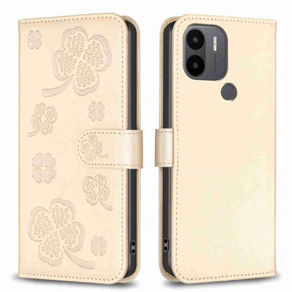 Beige four-leaf embossed leather phone case with flip cover and side strap, camera cutout