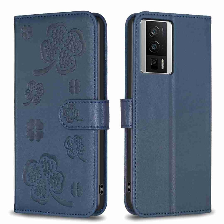 Blue four-leaf embossed leather phone case with flip cover and clover pattern