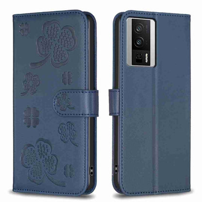 Blue four-leaf embossed leather phone case with flip cover and clover pattern