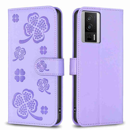 Lavender four-leaf embossed leather phone case with flip cover and clover pattern