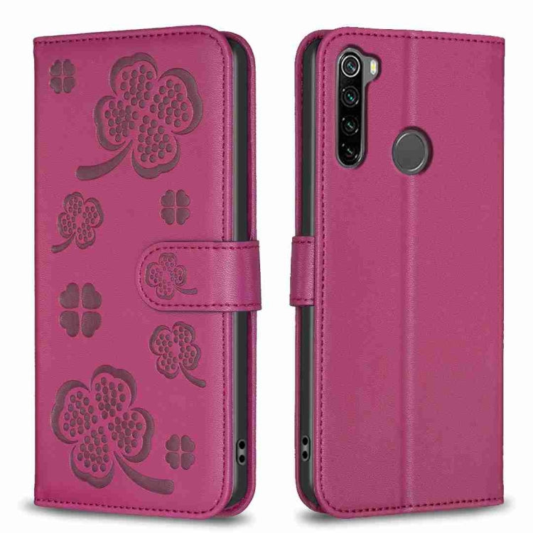 Rose red embossed four-leaf clover leather phone case with wrist strap and card slots