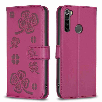 Rose red embossed four-leaf clover leather phone case with wrist strap and card slots
