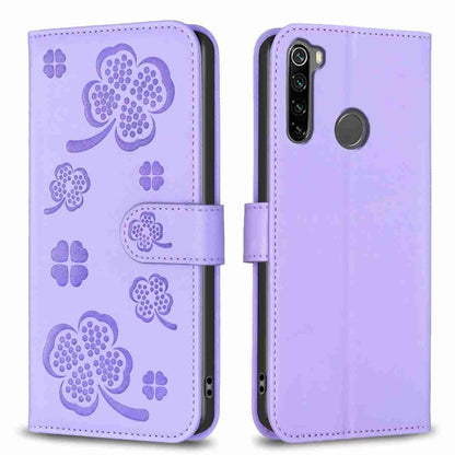 Lavender embossed four-leaf clover leather phone case with fold-over strap and cutouts