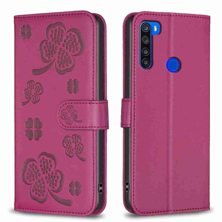 Four-leaf embossed leather phone case, plum folio with strap and camera cutout