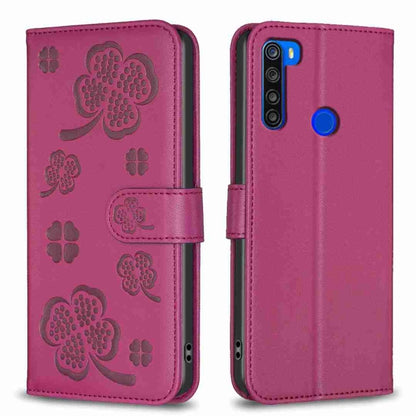 Four-leaf embossed leather phone case, plum folio with strap and camera cutout