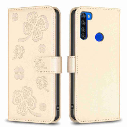 Four-leaf embossed leather phone case, beige folio with strap and blue camera accent