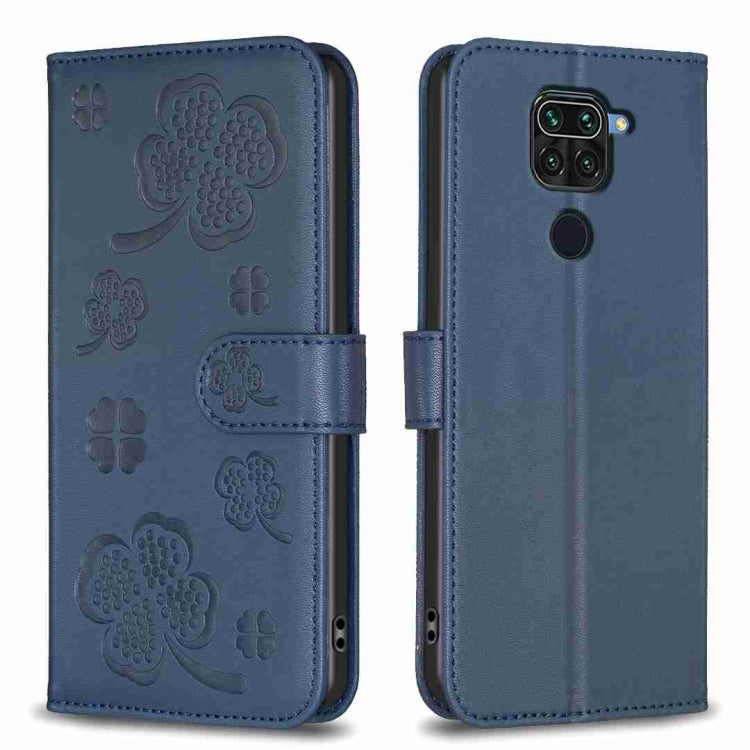 Blue embossed leather phone case with four-leaf clover pattern, flip cover and camera cutout
