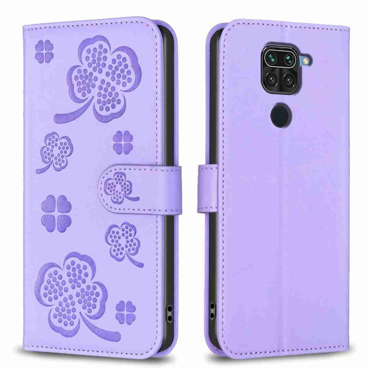 Light purple embossed leather phone case with four-leaf clover pattern, flip cover and cutouts