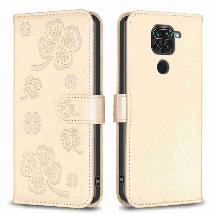 Beige embossed leather phone case with four-leaf clover pattern, flip cover and camera cutout