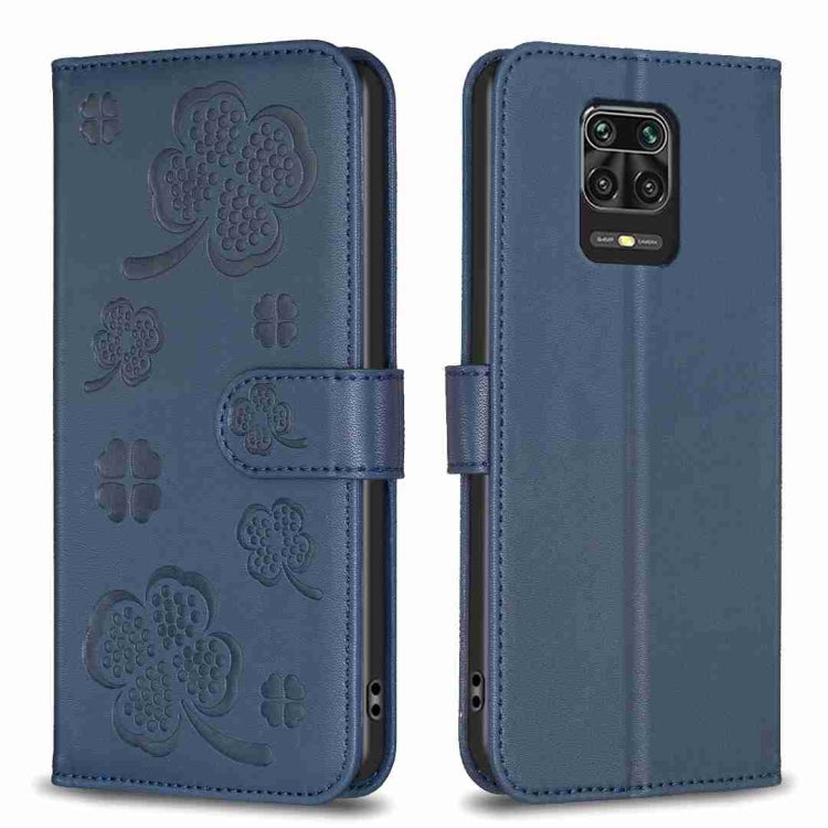 Blue embossed leather phone case with four-leaf clover pattern, flip cover and camera cutout