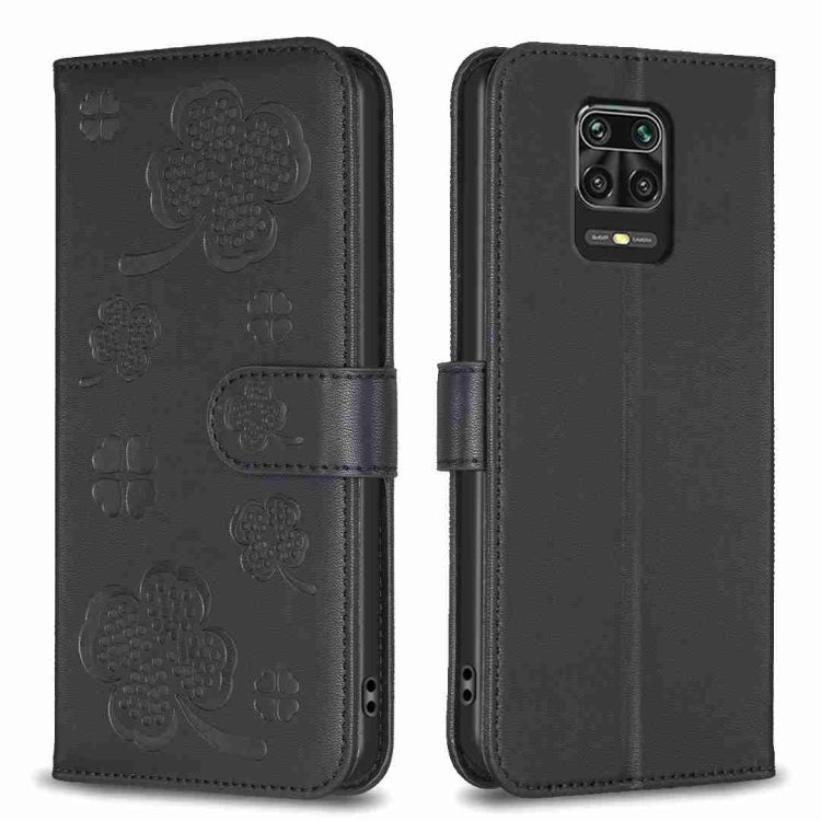 Four-leaf embossed leather phone case, black folio with strap and cutouts