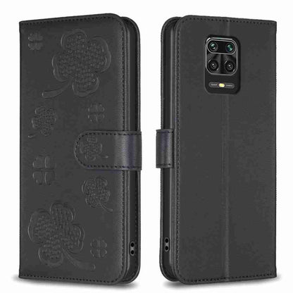 Four-leaf embossed leather phone case, black folio with strap and cutouts