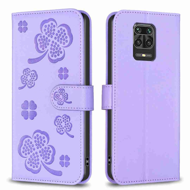 Four-leaf embossed leather phone case, lavender folio with strap and flower emboss