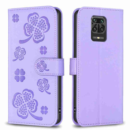 Four-leaf embossed leather phone case, lavender folio with strap and flower emboss
