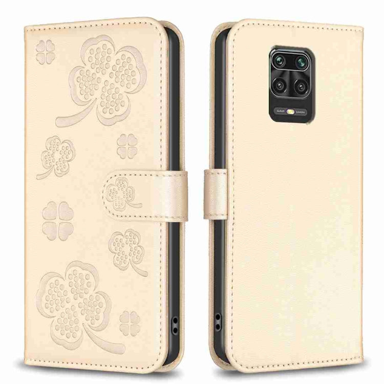 Four-leaf embossed leather phone case, beige folio with strap and clover emboss