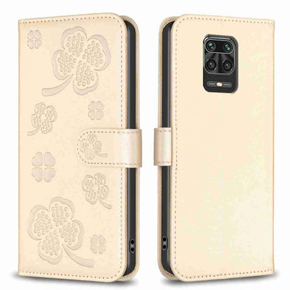 Four-leaf embossed leather phone case, beige folio with strap and clover emboss