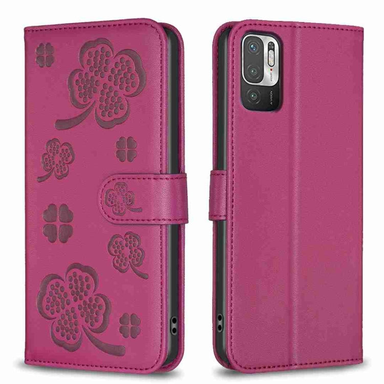Four-leaf embossed leather phone case with folio strap, deep pink-purple color