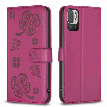Four-leaf embossed leather phone case with folio strap, deep pink-purple color