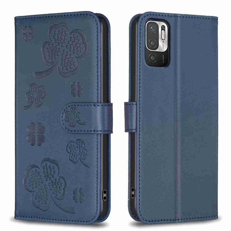 Four-leaf embossed leather phone case with folio strap, blue color