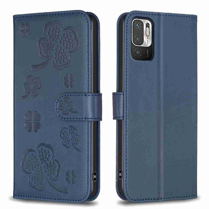 Four-leaf embossed leather phone case with folio strap, blue color