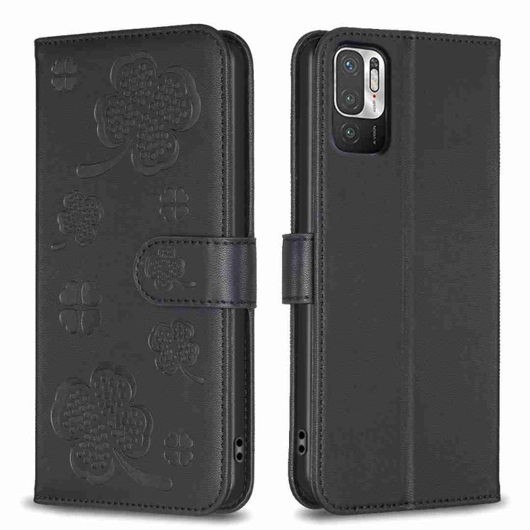 Four-leaf embossed leather phone case with folio strap, black color