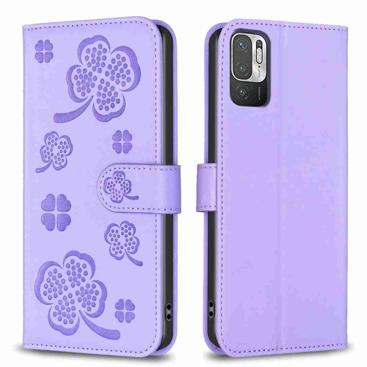 Four-leaf embossed leather phone case with folio strap, lavender purple color