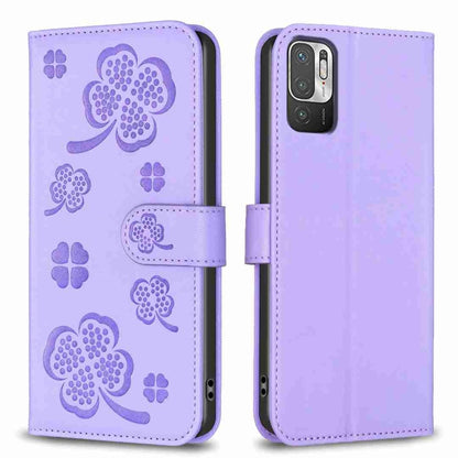 Four-leaf embossed leather phone case with folio strap, lavender purple color