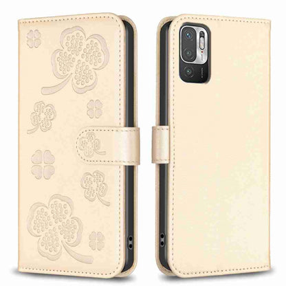 Four-leaf embossed leather phone case with folio strap, cream beige color