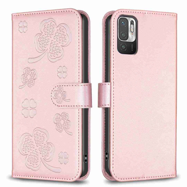 Four-leaf embossed leather phone case with folio strap, pale rose pink color