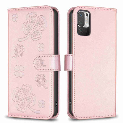 Four-leaf embossed leather phone case with folio strap, pale rose pink color