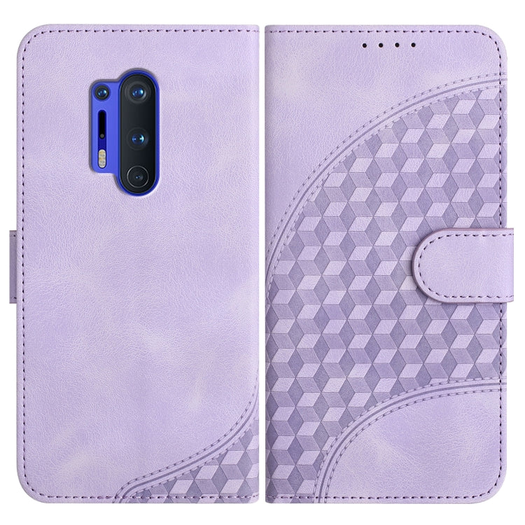 Lavender leather-style folio phone case with geometric embossed panel and side strap