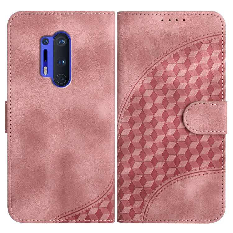 Pink leather-style folio phone case with geometric embossed panel and side strap