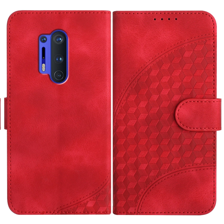 Red leather phone folio case with embossed geometric back and front camera cutout