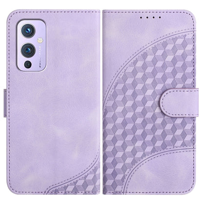 Light purple leather-style phone case with embossed geometric pattern and side flip cover