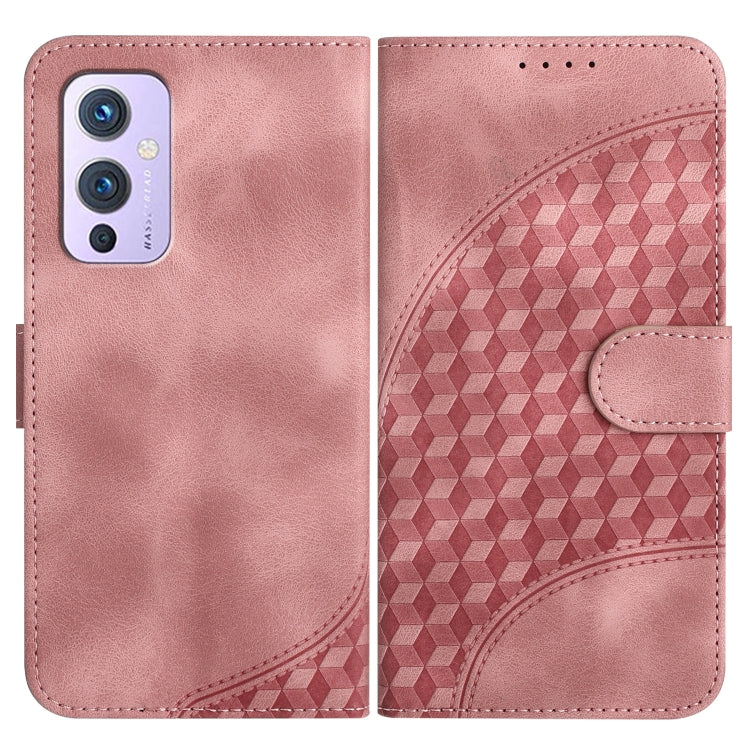 Light pink leather-style phone case with embossed geometric pattern and side flip cover