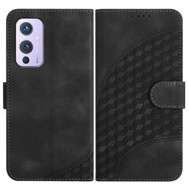 Black leather-style phone case with embossed geometric pattern and side flip cover