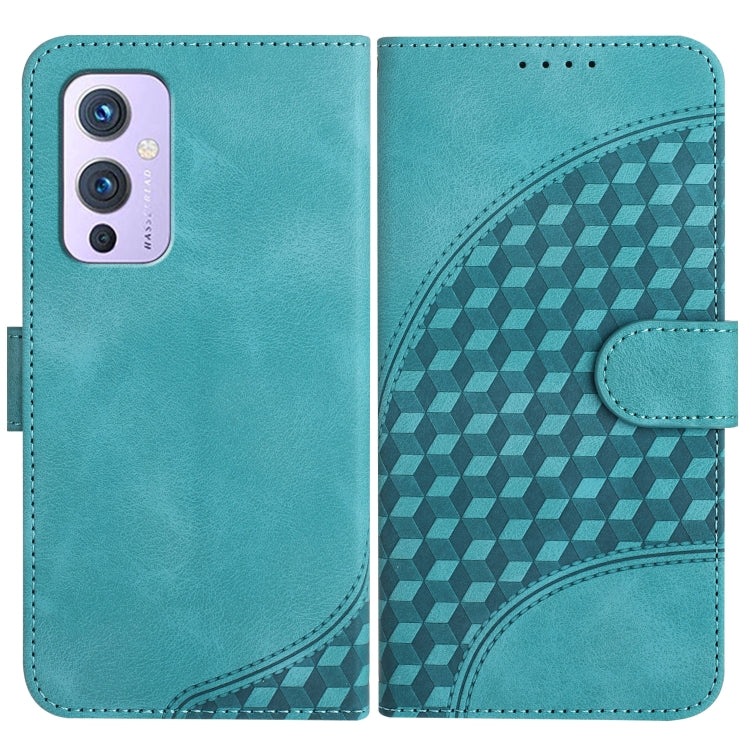 Light blue leather flip phone case with geometric pattern and card slot flap