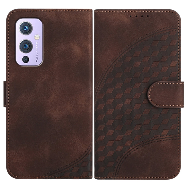 Brown leather flip phone case with geometric texture and side fastening strap