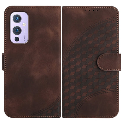Brown leather flip phone case with geometric texture and side fastening strap